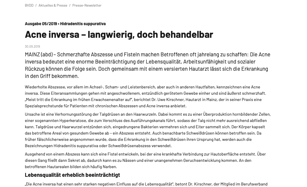 BVDD Pressemitteilung zu Acne inversa mit Experten Dr. Kirschner Mainz